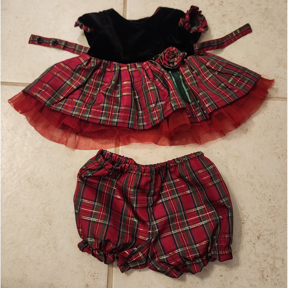 George Baby Girls Red Plaid Velvet Holiday Dress and Bloomers Set Newborn